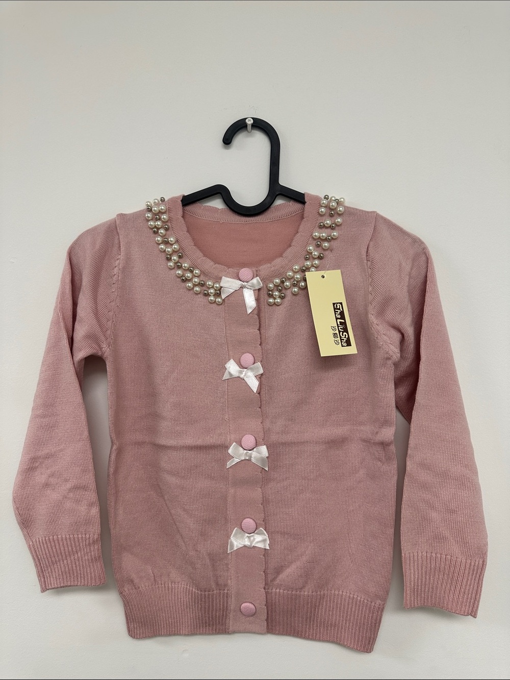 Girls Pink Pearl-Trim Cardigan with Bows - Unbranded